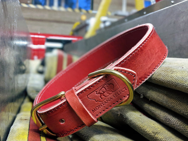 Custom distressed red leather dog collar with solid brass fittings - Montana Select Premium Pet Products.
