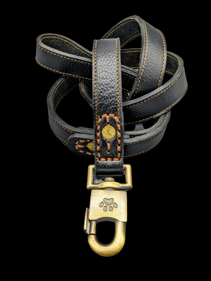 4 ft leather leash with bold contrast stitching and solid brass hardware