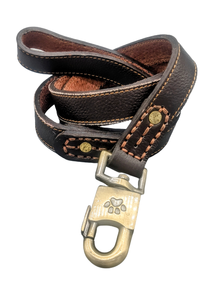 4 ft leather leash with bold contrast stitching and solid brass hardware