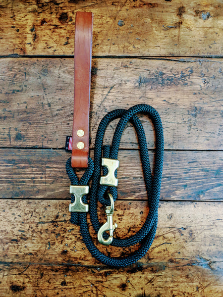 Climbing rope leash with solid brass fittings and custom leather handle - Montana Select Premium Pet Products.