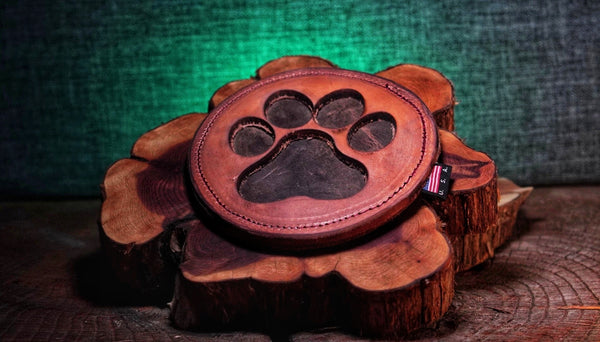 Heavy-duty leather chew toy laser-engraved paw print Rawhide alternative
