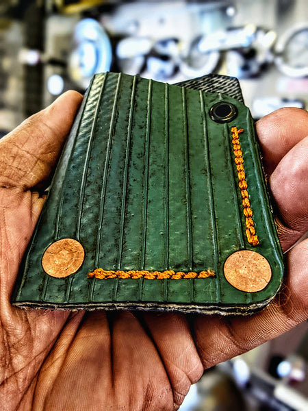 Minimalist repurposed rubber firehose front pocket wallet with stainless steel money clip makes a great leather alternative gift for him.
