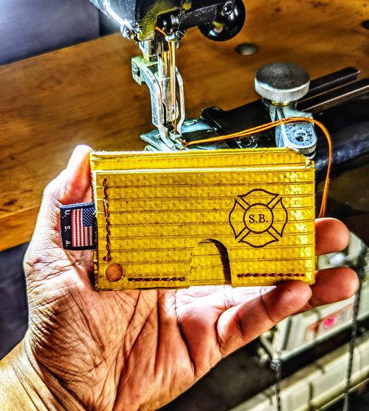 The hero in your pocket customizable minimalist repurposed rubber firehose front pocket wallet....gift for him firefighter,military, and public safety
