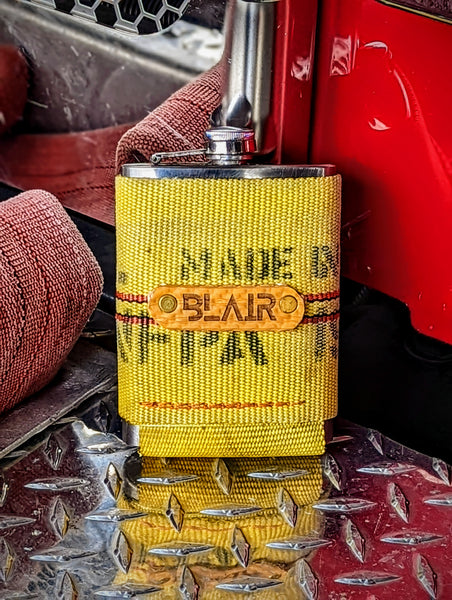 Firehose wrapped flask with customizable repurposed fire hose name tag Handcrafted American-made firefighter gift for him. Father's Day gift