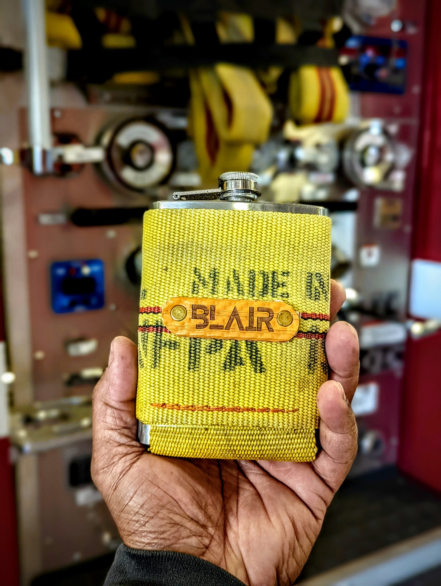 Firehose wrapped flask with customizable repurposed fire hose name tag Handcrafted American-made firefighter gift for him. Father's Day gift