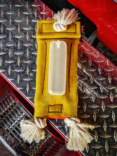 Heavy duty reinforced fire hose squeak toy with rope tassels