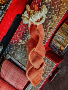 Fire hose braided tug with cotton rope handle made from 100% real up-cycled repurposed fire hose