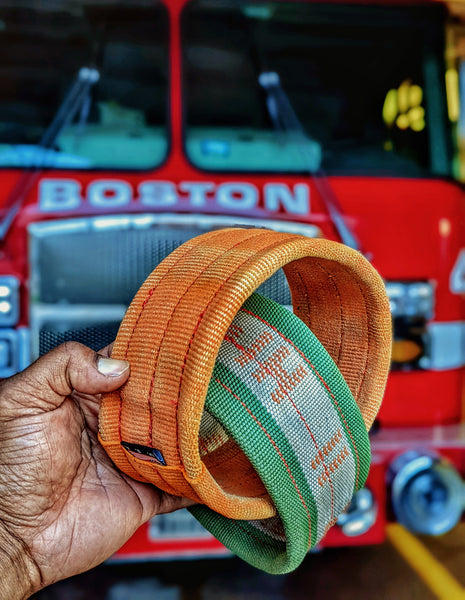 Fire hose ring dog toy made from heavy-duty recycled and repurposed structural fire hose. The perfect toy for dogs that destroy everything