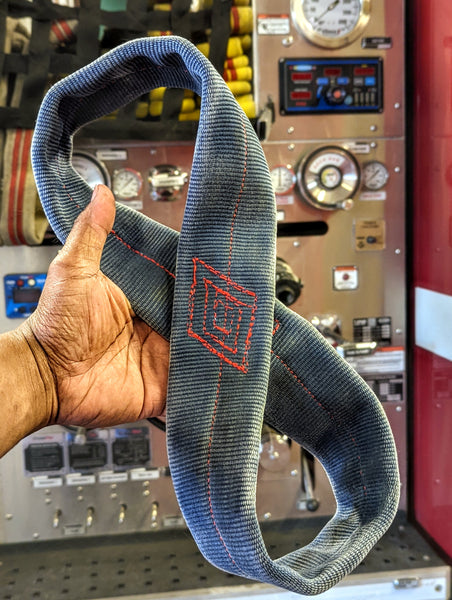 Heavy-duty tug toy for dogs, made from durable, recycled, and repurposed fire hose (stimulating & interactive) Figure 8 design.