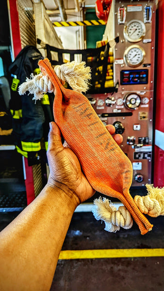 Squeak toy with reinforced cotton fiber rope tassels made from heavy-duty repurposed fire hose firefighter gift for large breed dogs